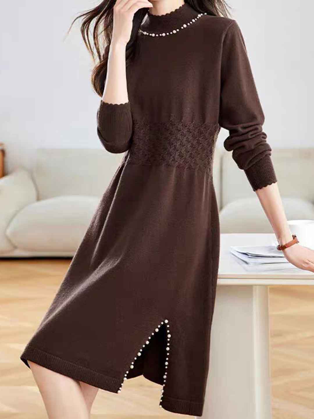 Victoria Casual Turtleneck Beaded Knitted Sweater Dress