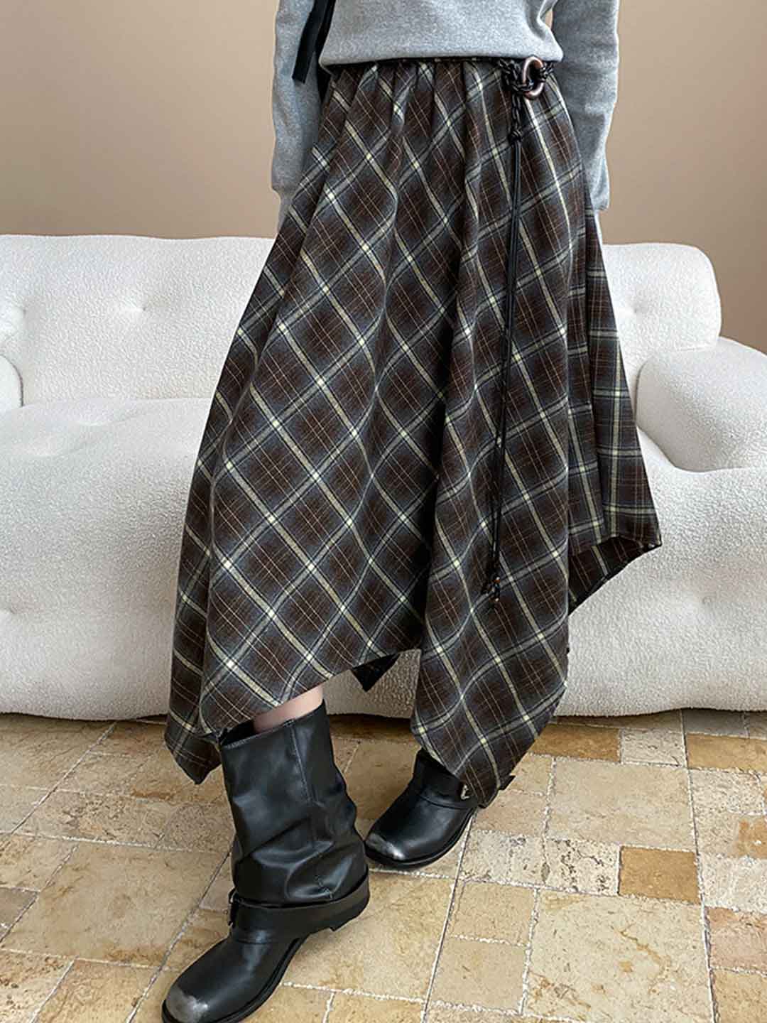 Emily Irregular Color-Blocked Plaid Skirt