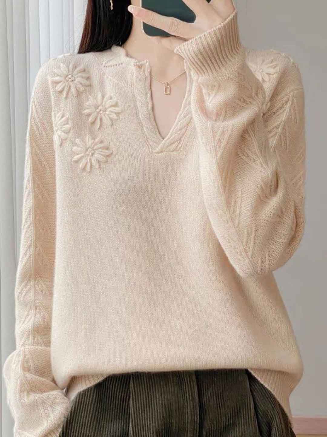Kaylee Retro V-Neck Embroidered Floral Knitted Sweater