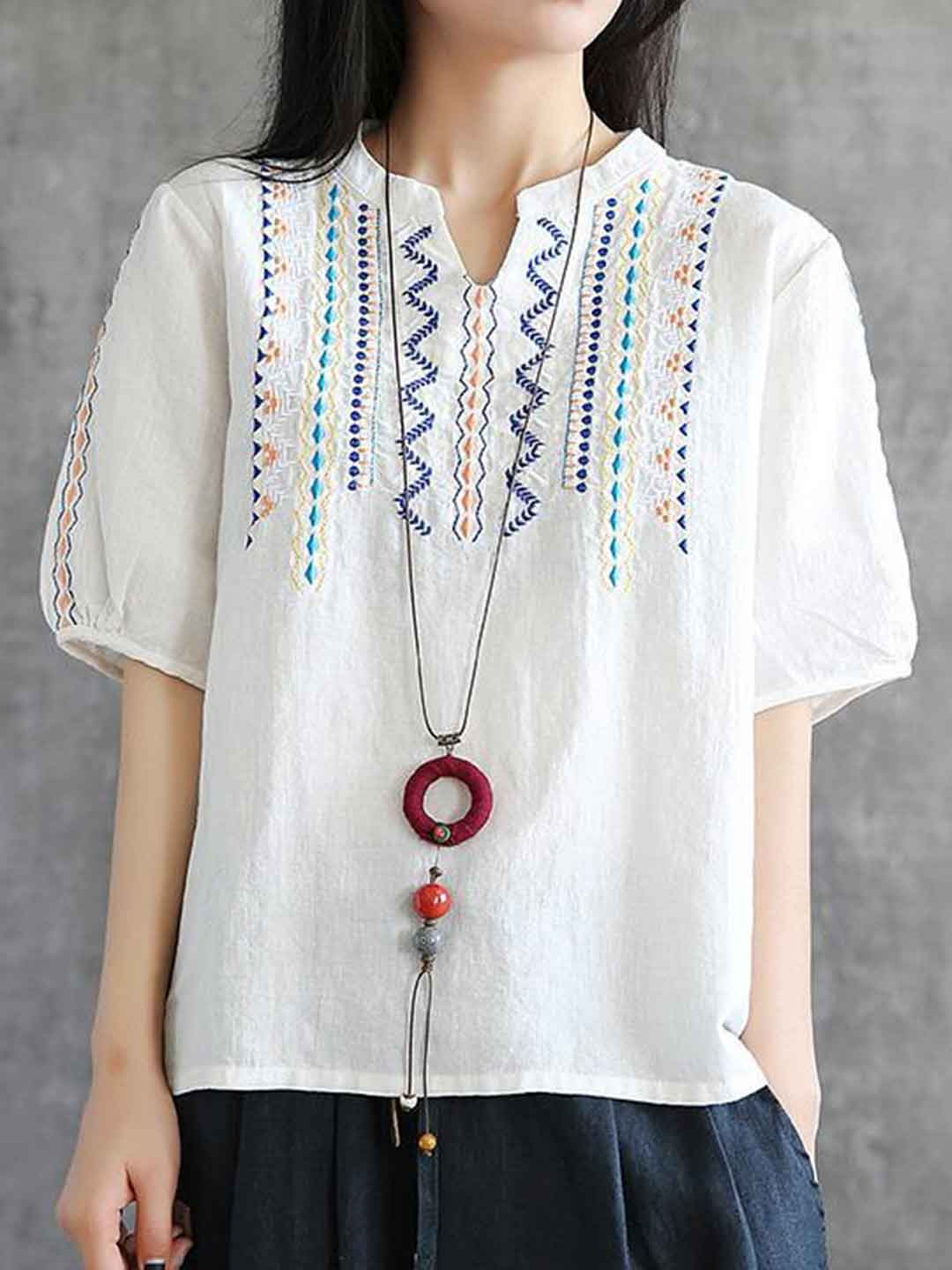 Sophia Loose V-Neck Embroidered Top