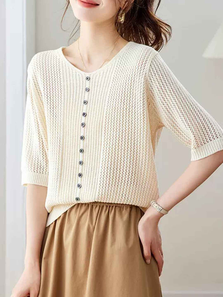 Emma Casual V-Neck Hollowed Knitted Top