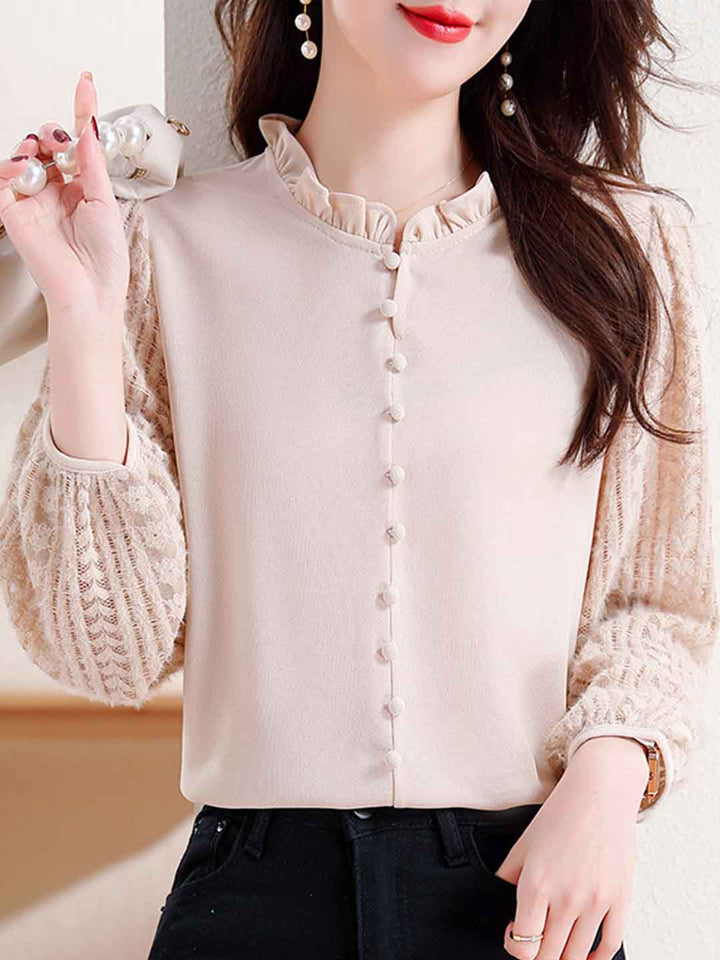 Arianna Loose Ruffle Collar Lantern Sleeve Lace Top