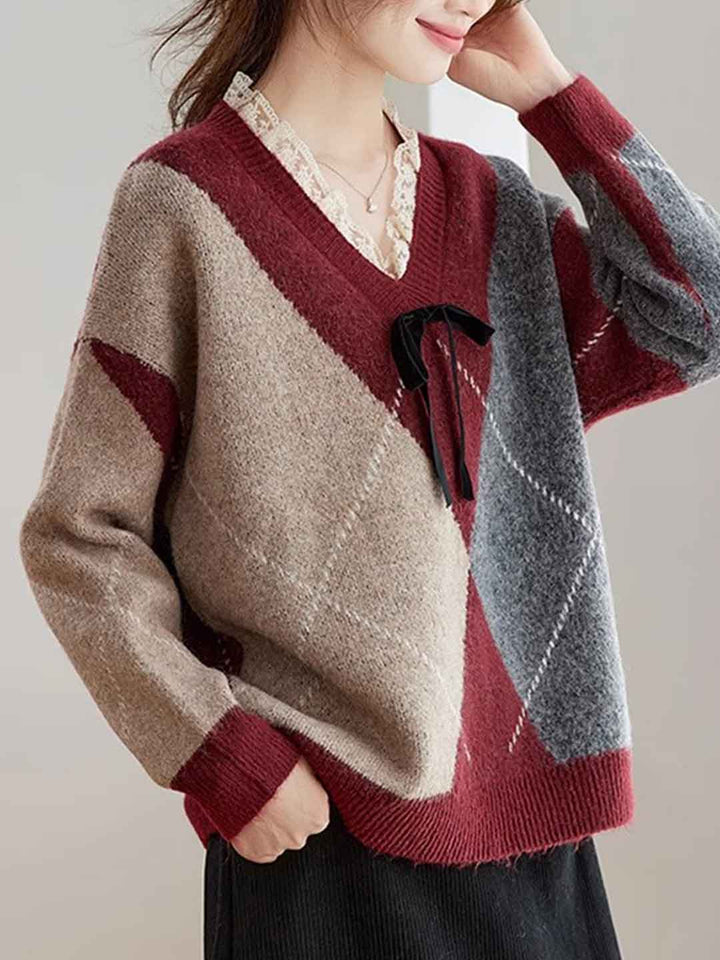 Sarah Casual V-Neck Lace Colorblocked Knitted Sweater