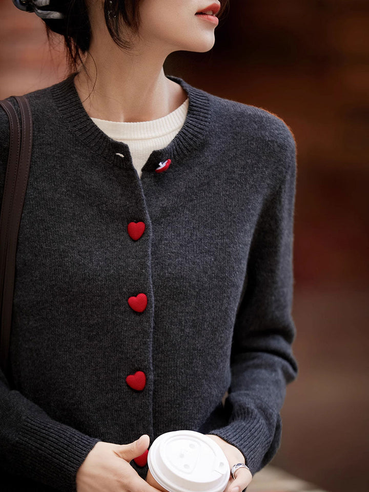 Raya Elegant Crew Neck Heart Button Knitted Cardigan-Pink
