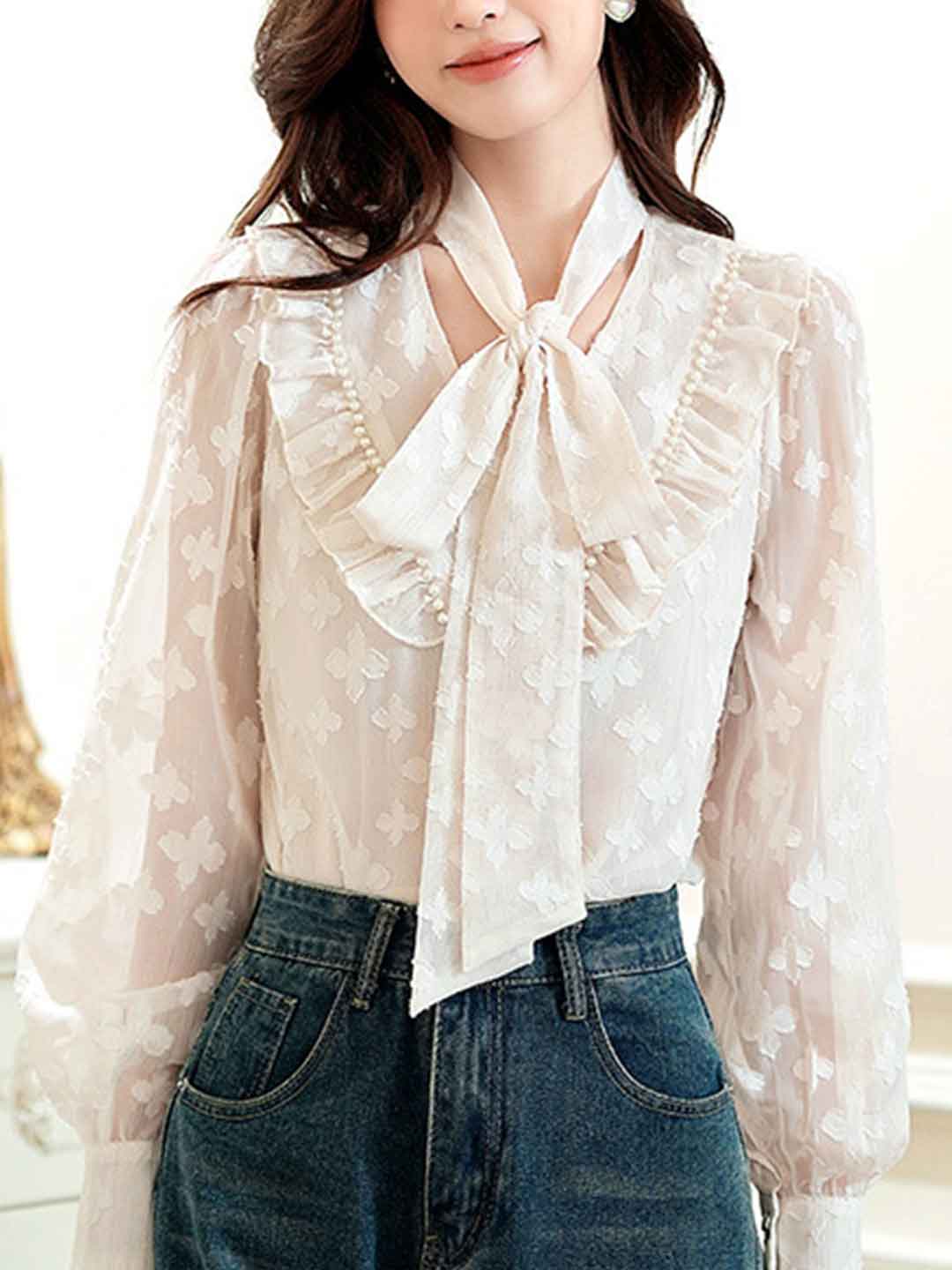 Lily Retro Tie Bow Lantern Sleeve Ruffle Chiffon Top
