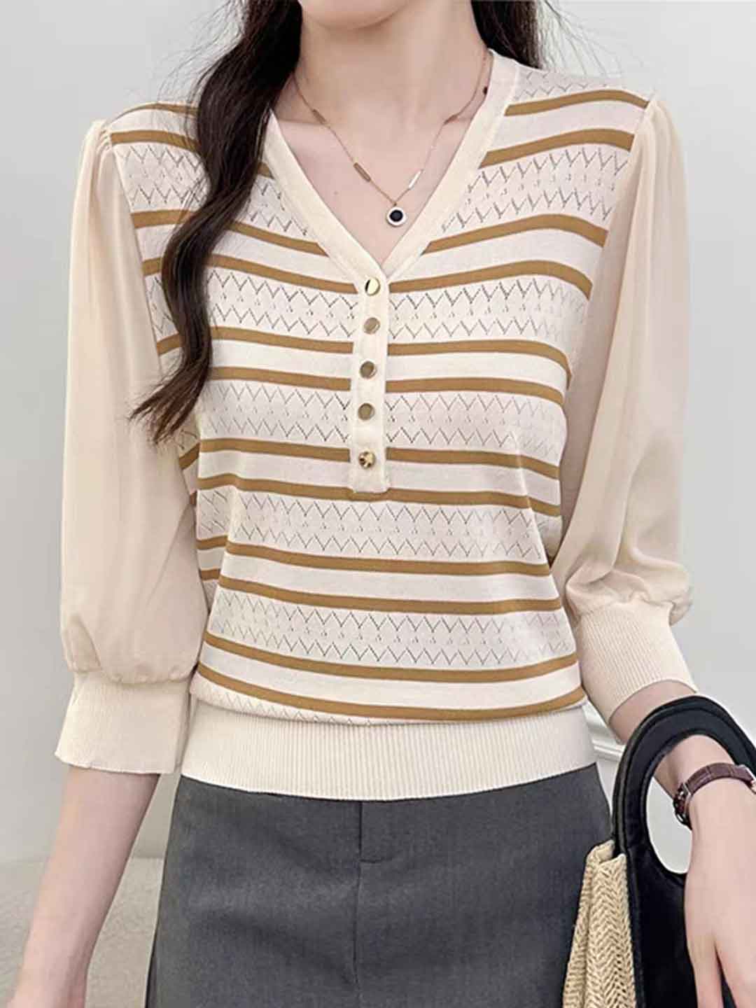 Avery Loose V-Neck Striped Chiffon Top