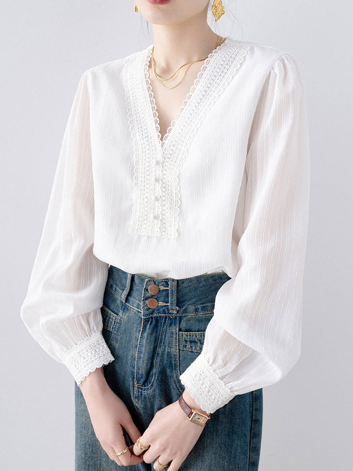 Natalie Retro V-Neck Lace Hollowed Blouse