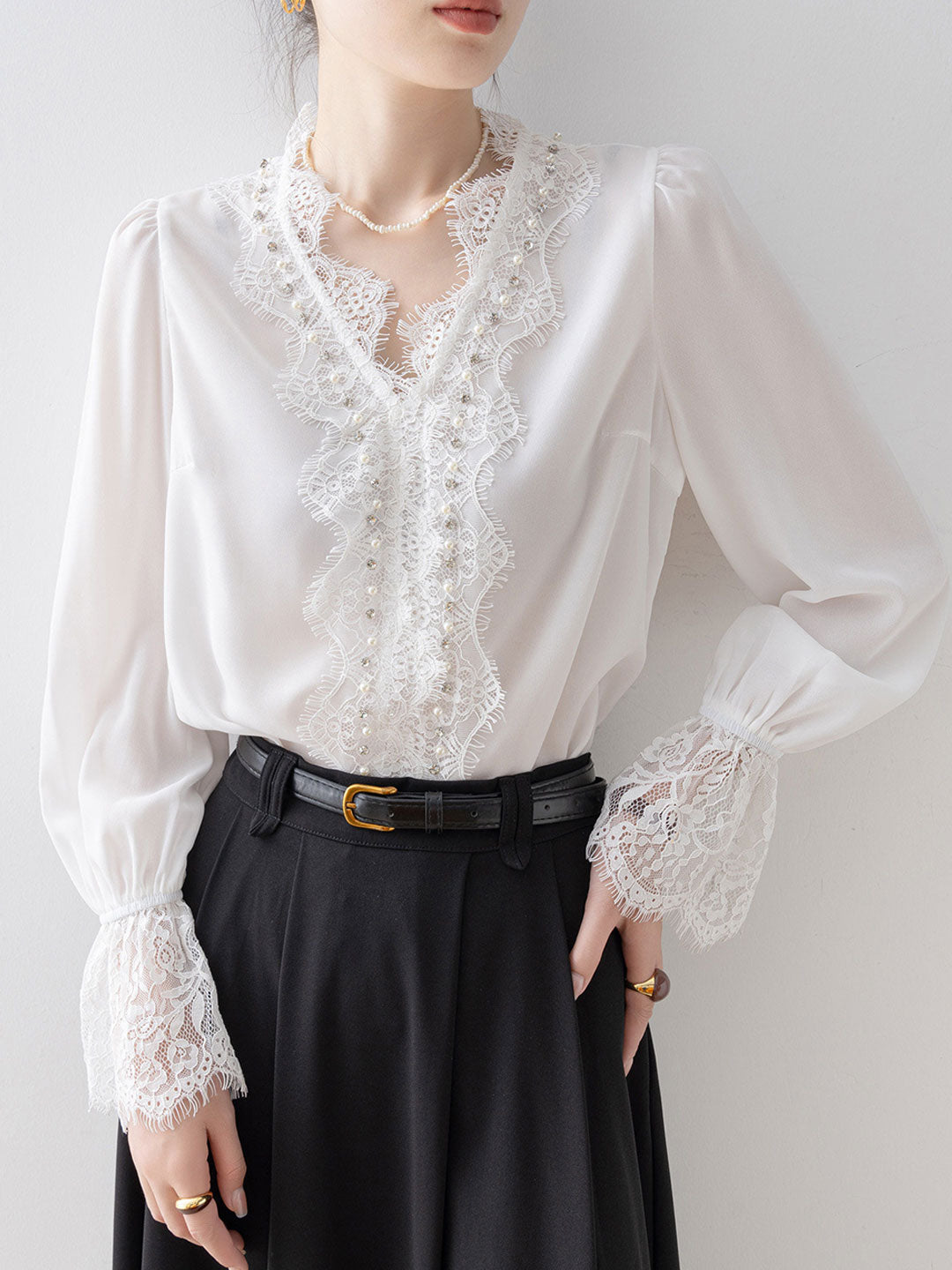 Lily Elegant V-Neck Lace Trimmed Blouse