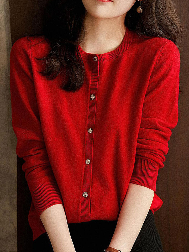 Sophia Classic Crew Neck Solid Color Knitted Cardigan-Royal Blue