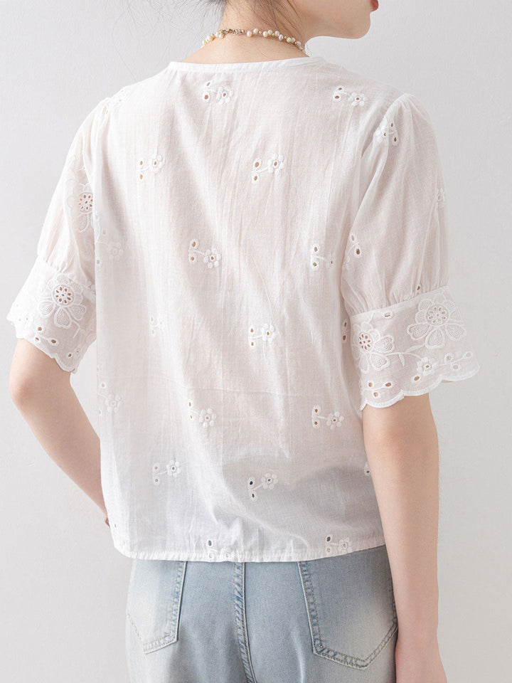 Avery Daily V-Neck Puff Sleeve Hollowed Blouse