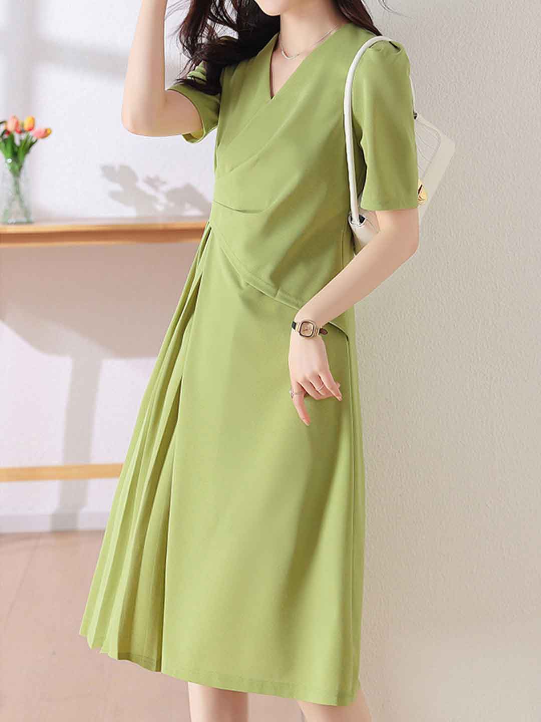Emily Slim V-Neck Pleated Dress