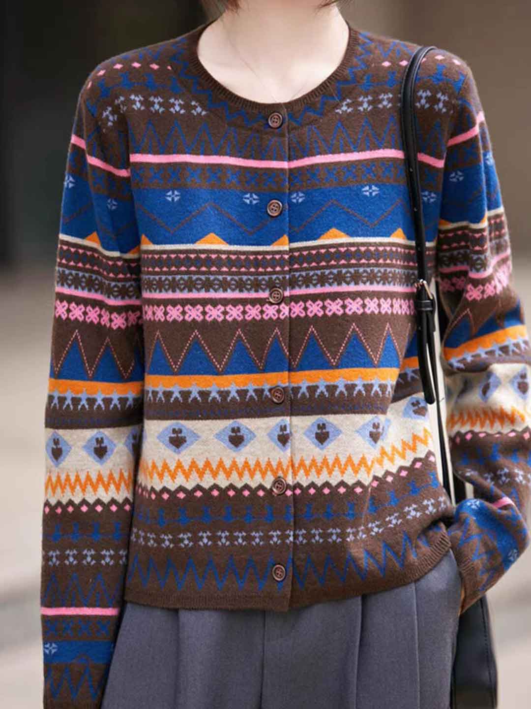 Sofia Classic Crew Neck Jacquard Knitted Cardigan