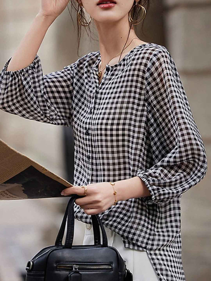 Peyton Vintage Crew Neck Plaid Printed Chiffon Blouse