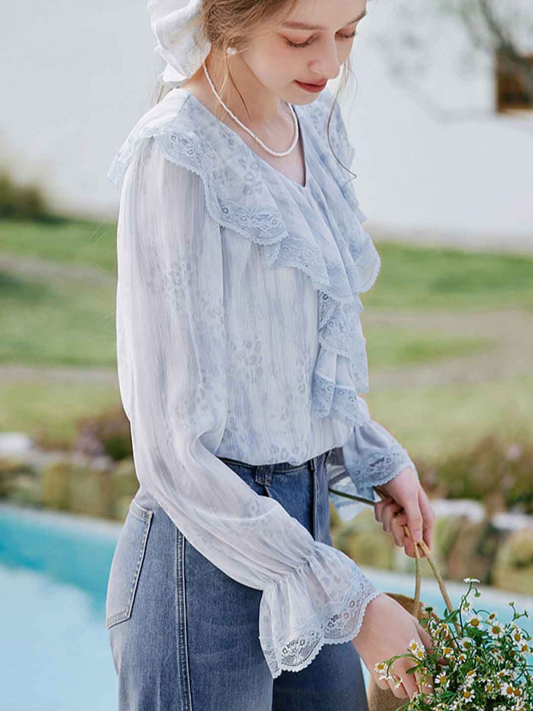 Madelyn Vintage V-Neck Ruffled Lace Blouse
