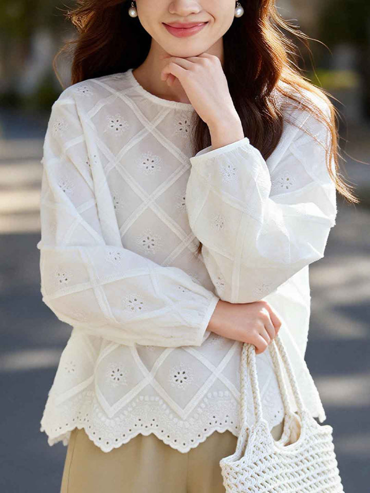 Madison Casual Crew Neck Embroidered Hollowed Blouse