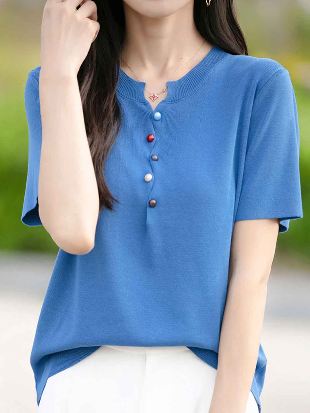 Khloe Classic Crew Neck Colorful Buttons Knitted Top-White