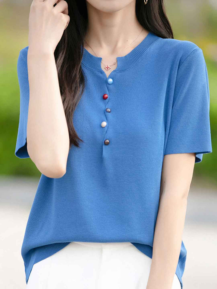 Khloe Classic Crew Neck Colorful Buttons Knitted Top-White