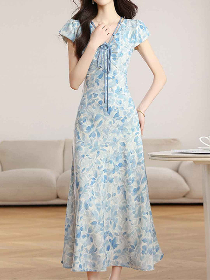 Chloe Elegant V-neck Waisted Printed Dress