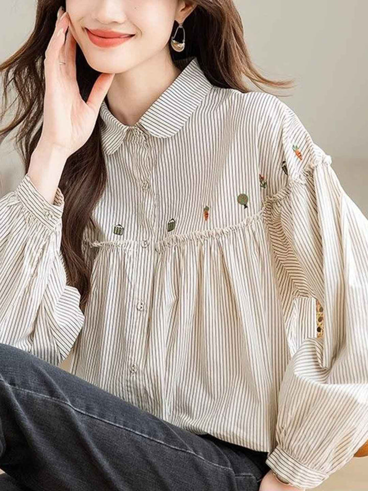 Rachel Cute Doll Collar Puff Sleeve Embroidered Top