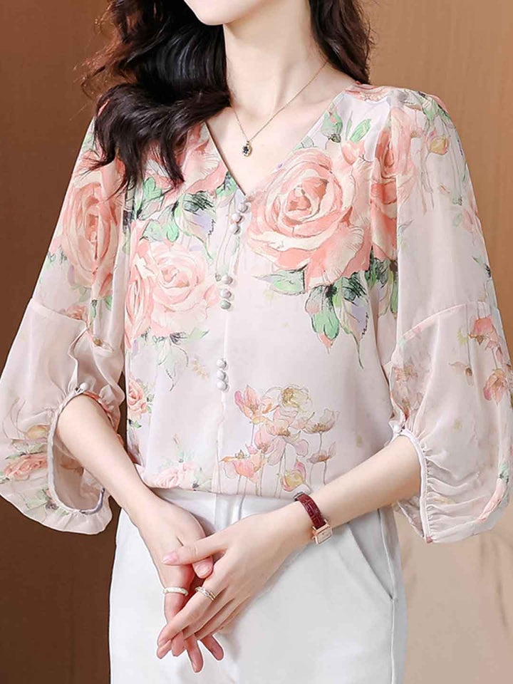 Caroline Loose V-Neck Lantern Sleeve Floral Chiffon Top
