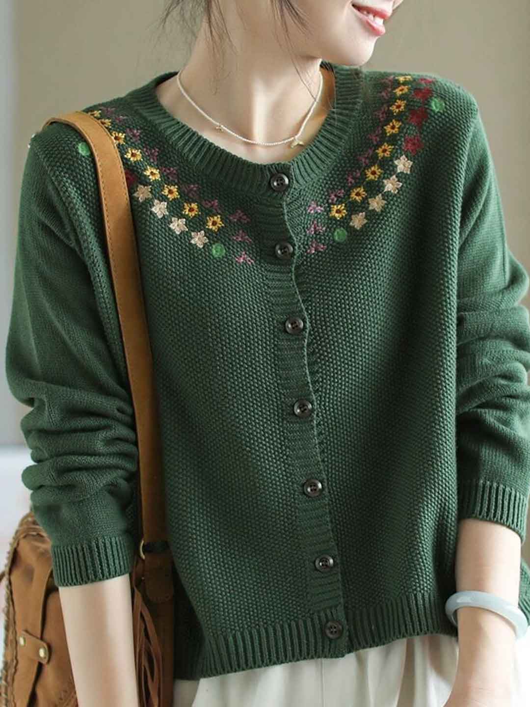 Sofia Casual Crew Neck Embroidered Knitted Cardigan