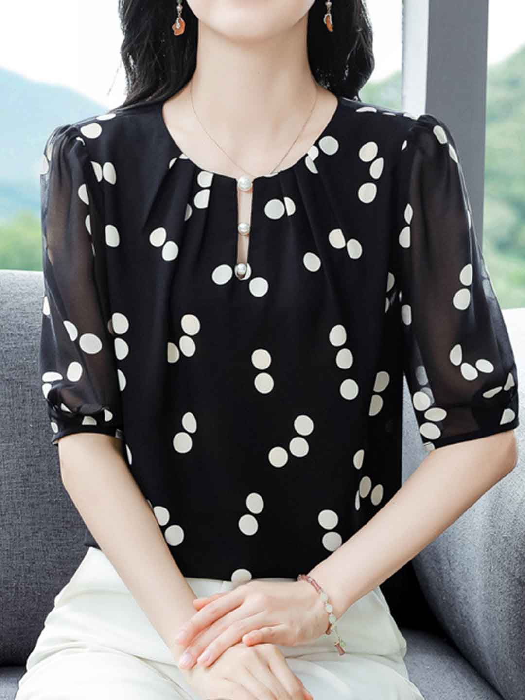 Melanie Loose Crew Neck Puff Sleeve Polka Dot Chiffon Top