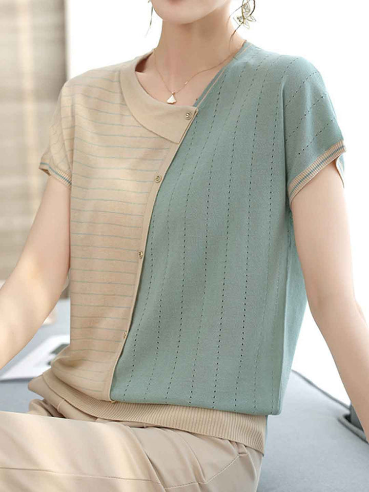 Ella Loose Asymmetrical Collar Color-Blocked Top