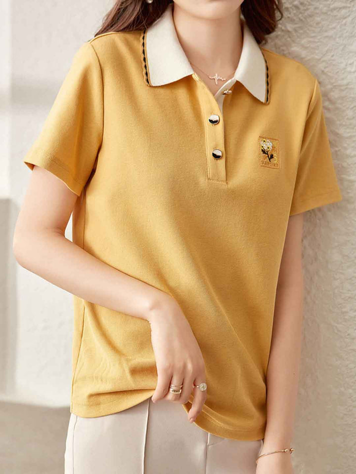Bailey Casual Polo Neck Embroidered Contrasted Top