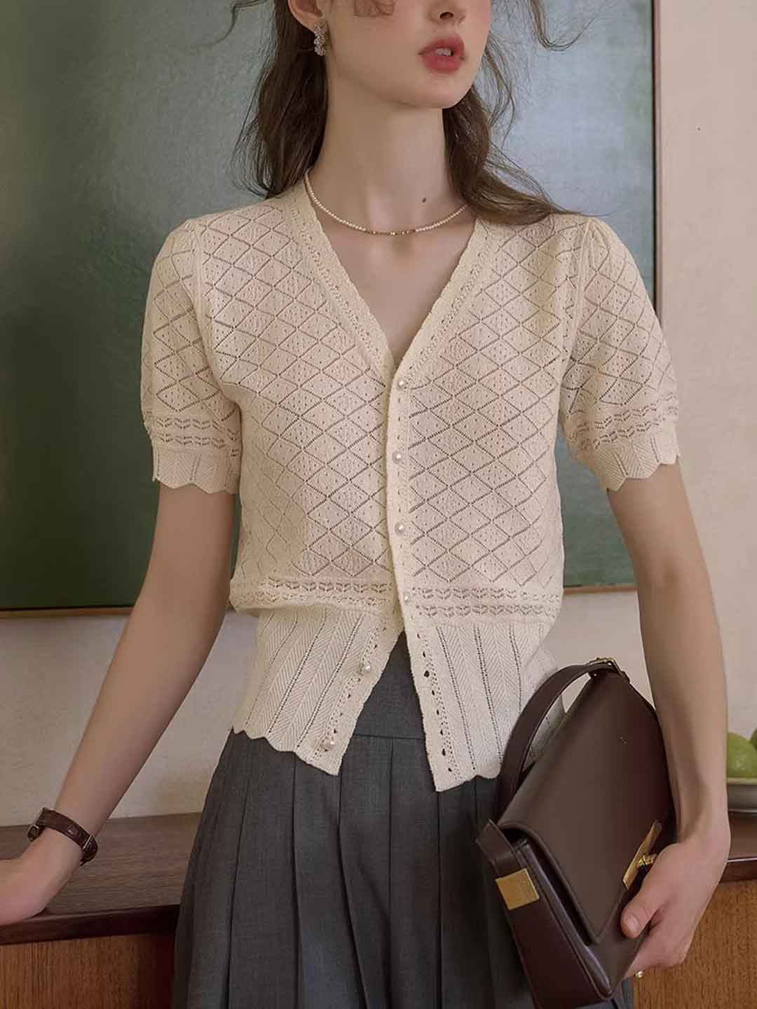 Hailey Daily V-Neck Solid Color Hollowed Cardigan