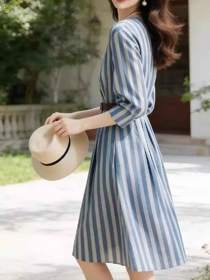 Mia Classic V-Neck Waisted Striped Dress