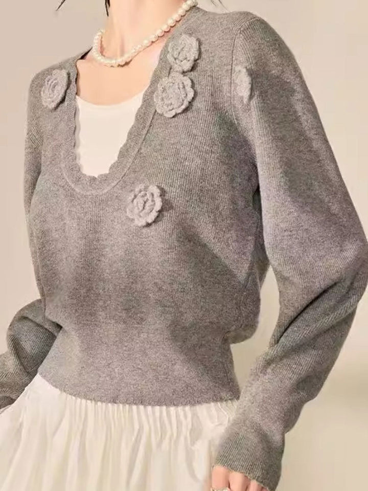 Brianna Elegant V-Neck Flower Knitted Top