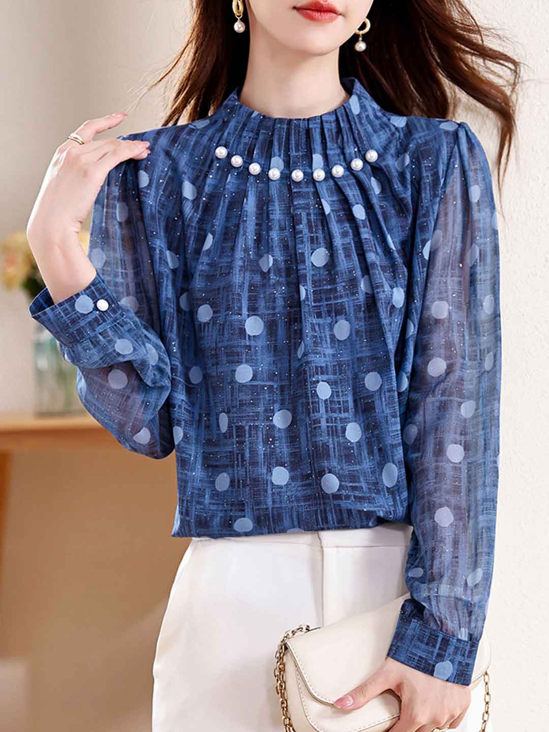 Lauren Daily Stand-Up Collar Beaded Top