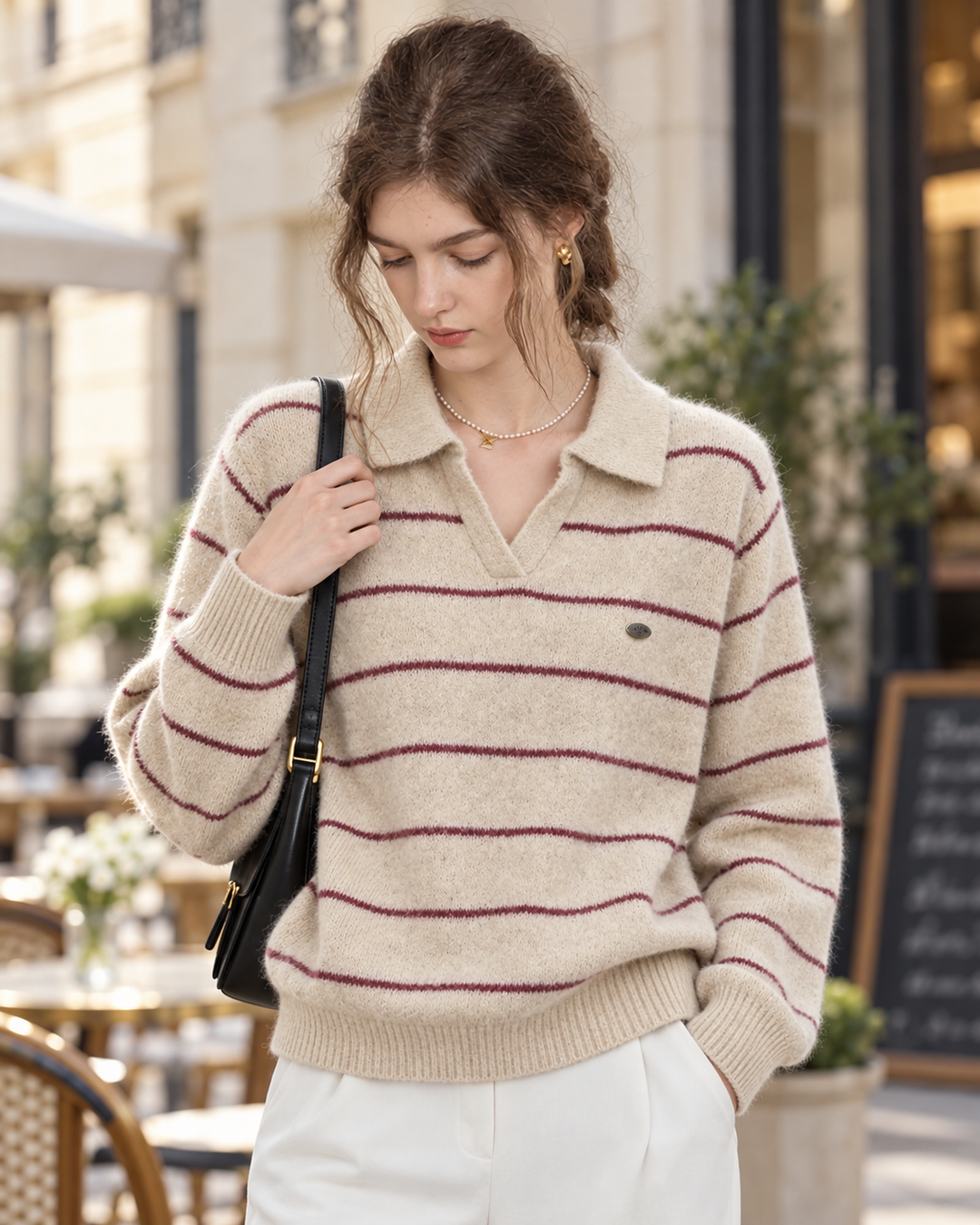 Polo Collar Striped Knit Sweater