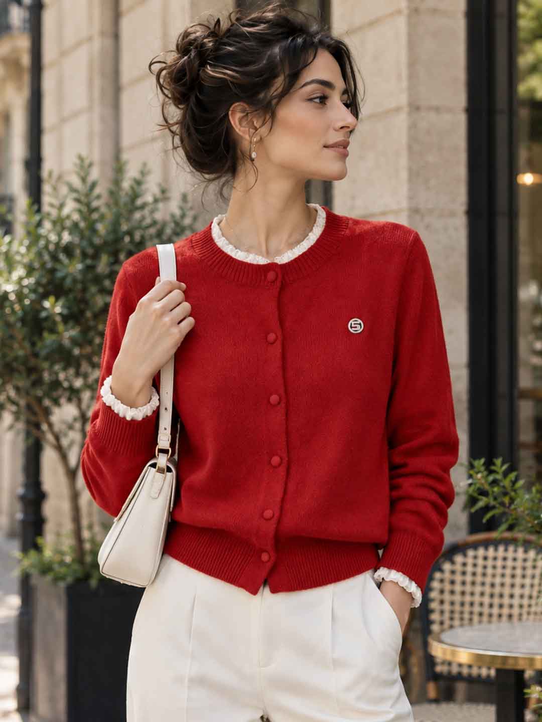 Loose-fit Lace-trim Knit Cardigan
