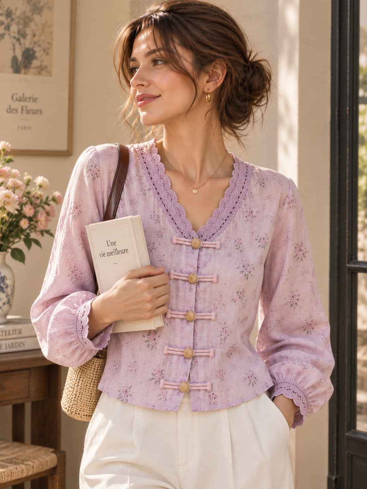 V-neck Floral Lace Trim Top
