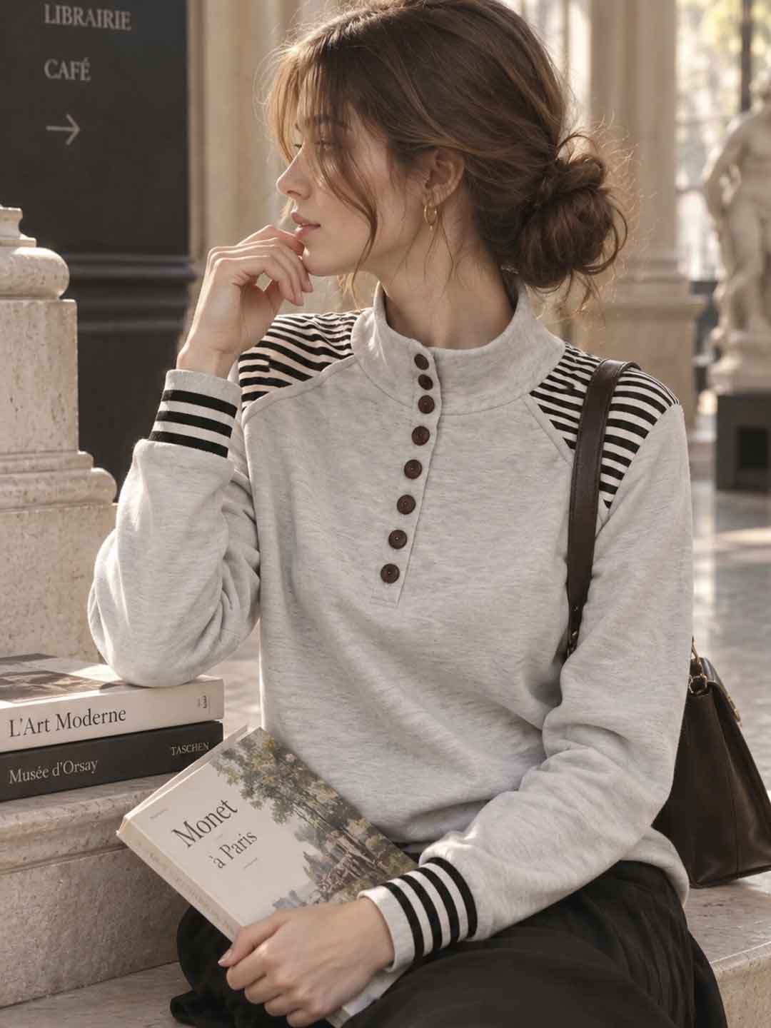 Grey Striped Panelled Stand-collar Top