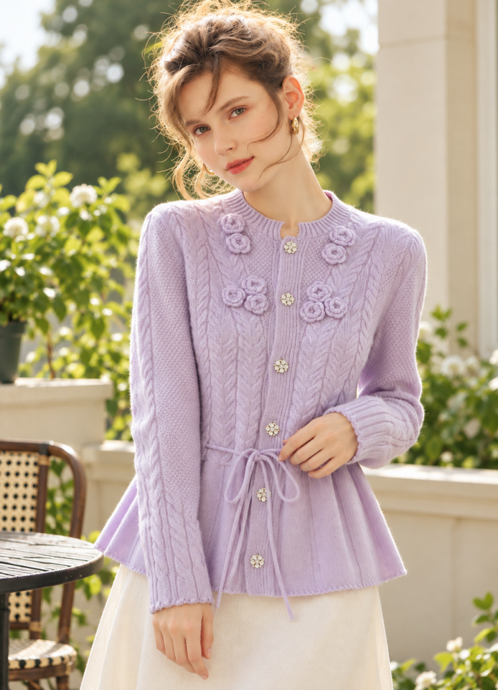 Crew-neck Tie-waist Knit Cardigan