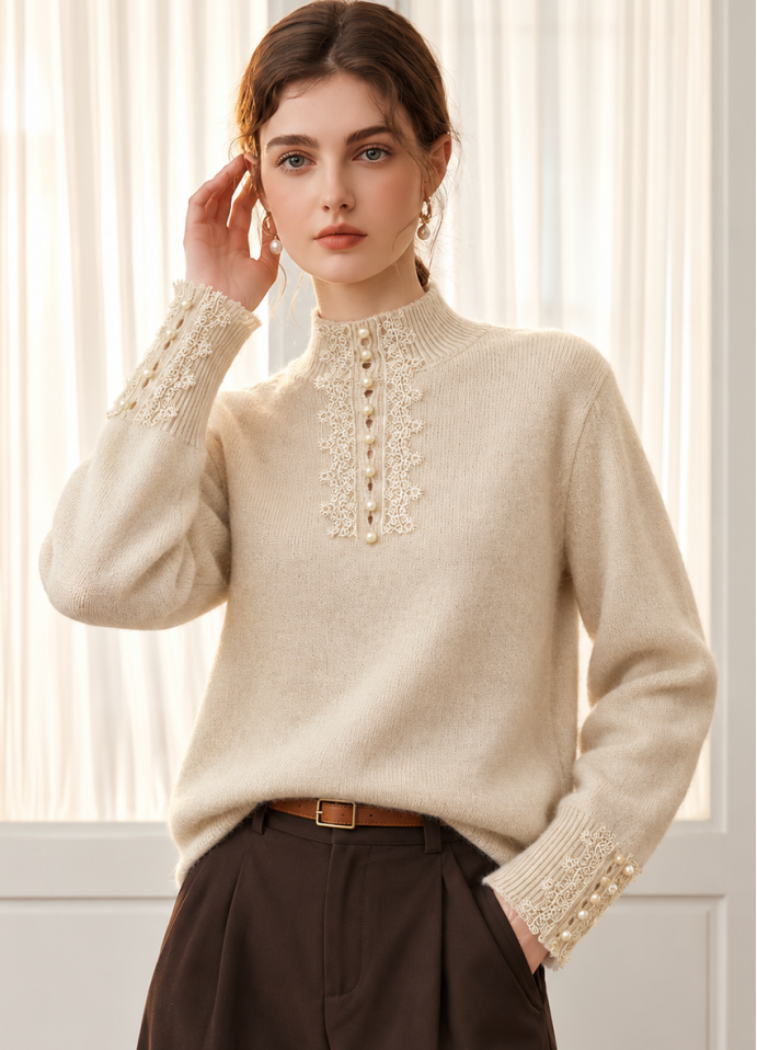 Mock-neck Lace And Pearl Knit Top