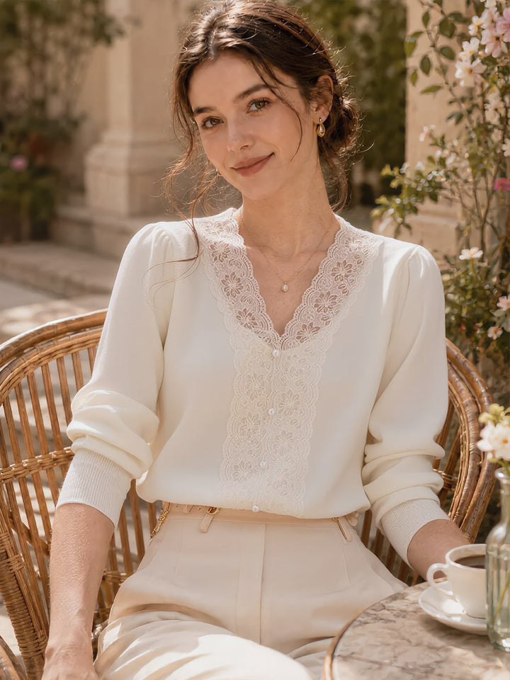 Elaine French Style V-Neck Lace Stitching Knitted Sweater