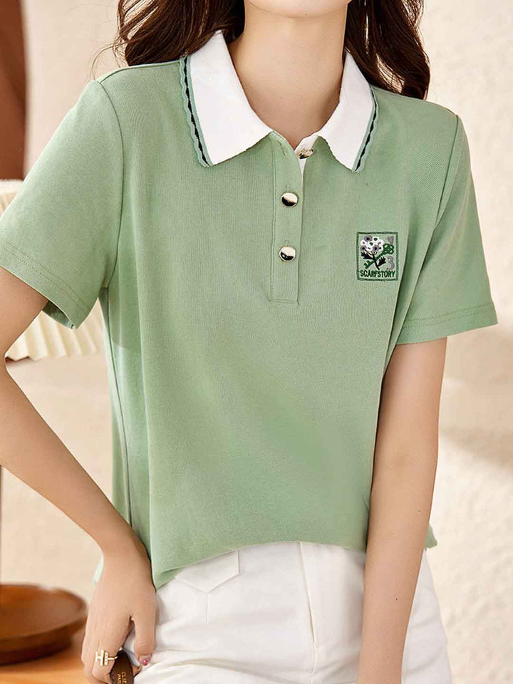 Bailey Casual Polo Neck Embroidered Contrasted Top