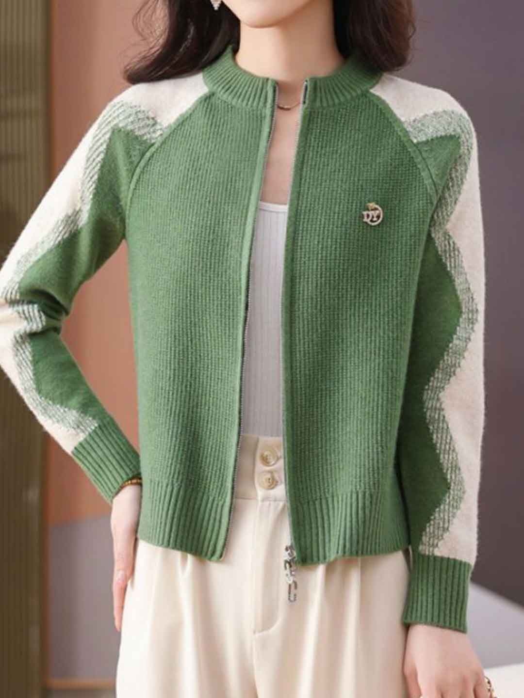 Paige Loose Crew Neck Colorblock Knitted Cardigan-Red