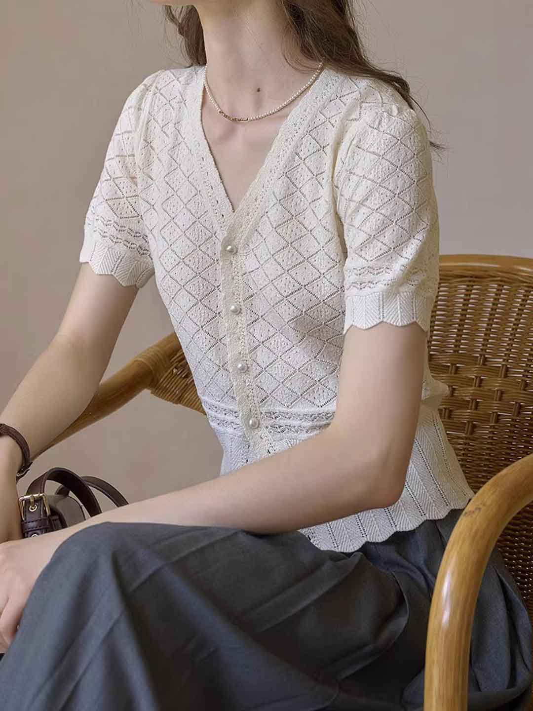 Hailey Daily V-Neck Solid Color Hollowed Cardigan