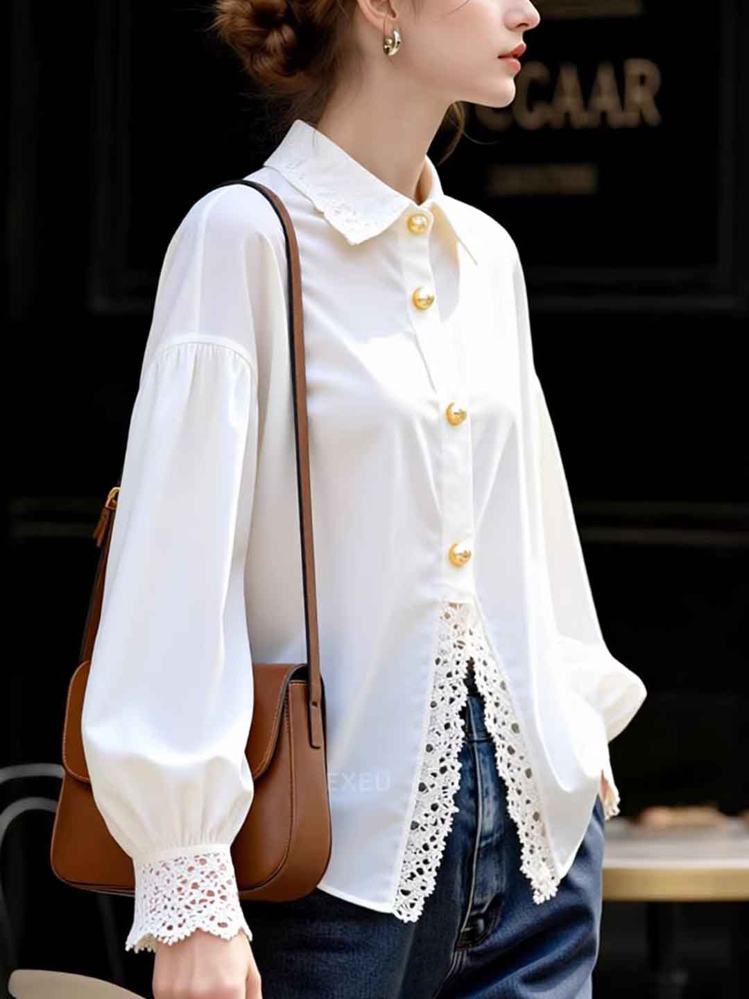 Kaylee Retro Lapel Solid Color Lace Trimmed Top