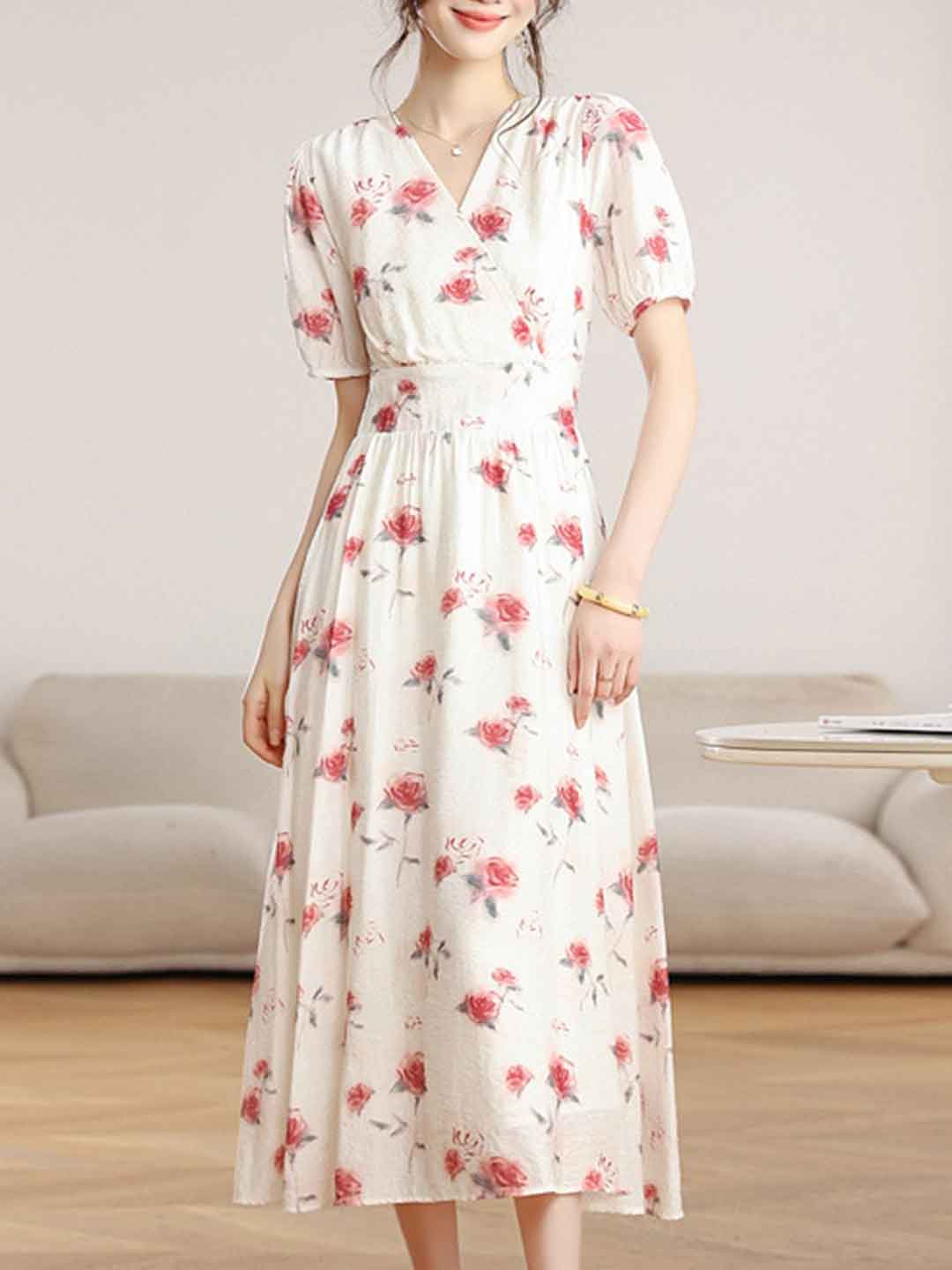 Mia Vacation V-Neck Puff Sleeve Floral Dress