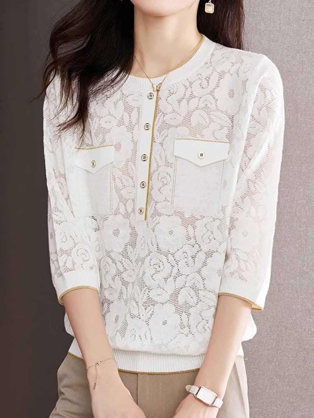 Riley Loose Crew Neck Hollowed Solid Color Knitted Top