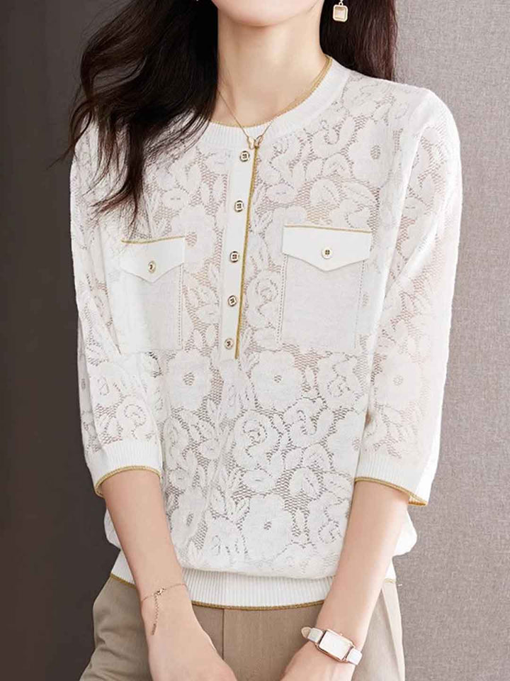 Riley Loose Crew Neck Hollowed Solid Color Knitted Top