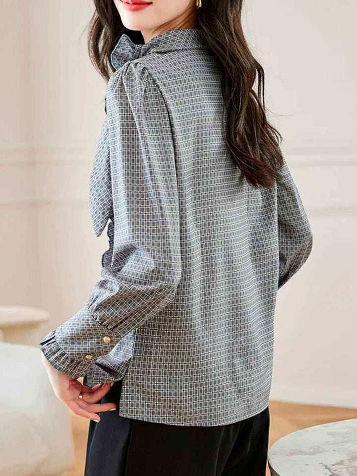 Brianna Chic Doll Collar Puff Sleeve Plaid Shirt
