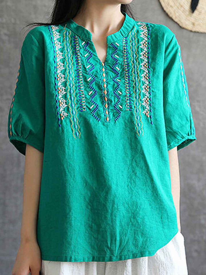 Sophia Loose V-Neck Embroidered Top