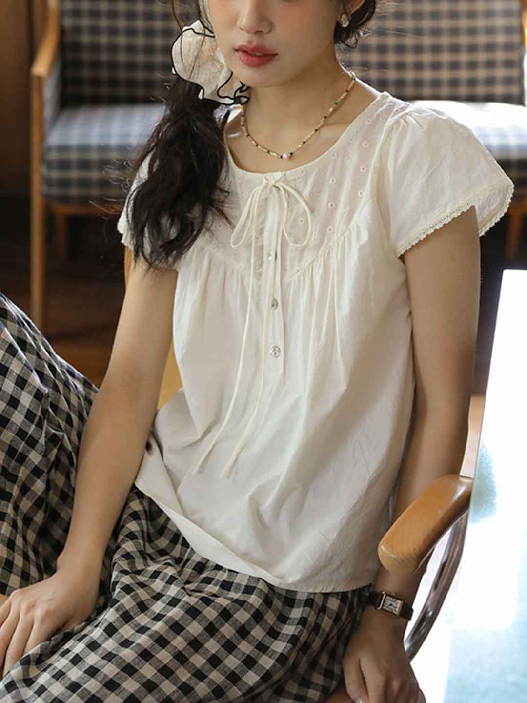 Rachel Retro Crew Neck Bow Tie Embroidered Shirt