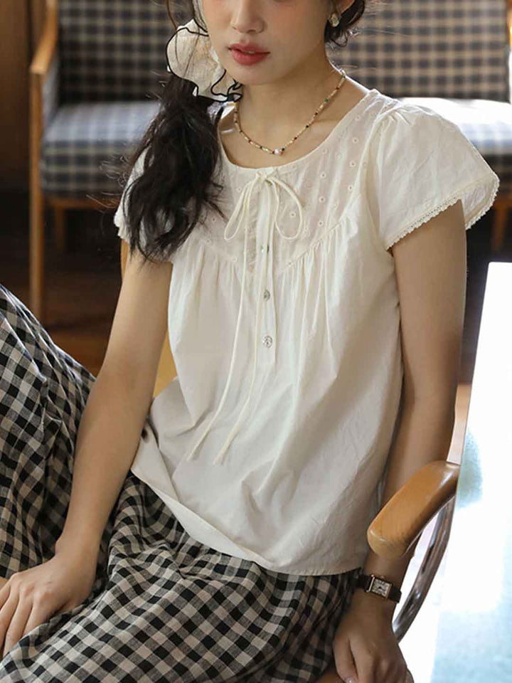 Rachel Retro Crew Neck Bow Tie Embroidered Shirt